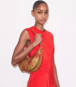 T MONOGRAM ROMY WOVEN HALF MOON BAG