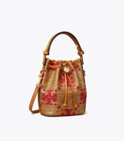 T MONOGRAM STRAW MINI BUCKET BAG