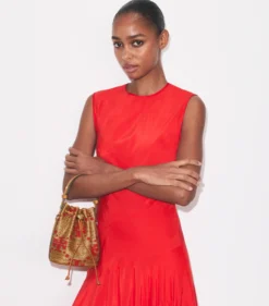 T MONOGRAM STRAW MINI BUCKET BAG
